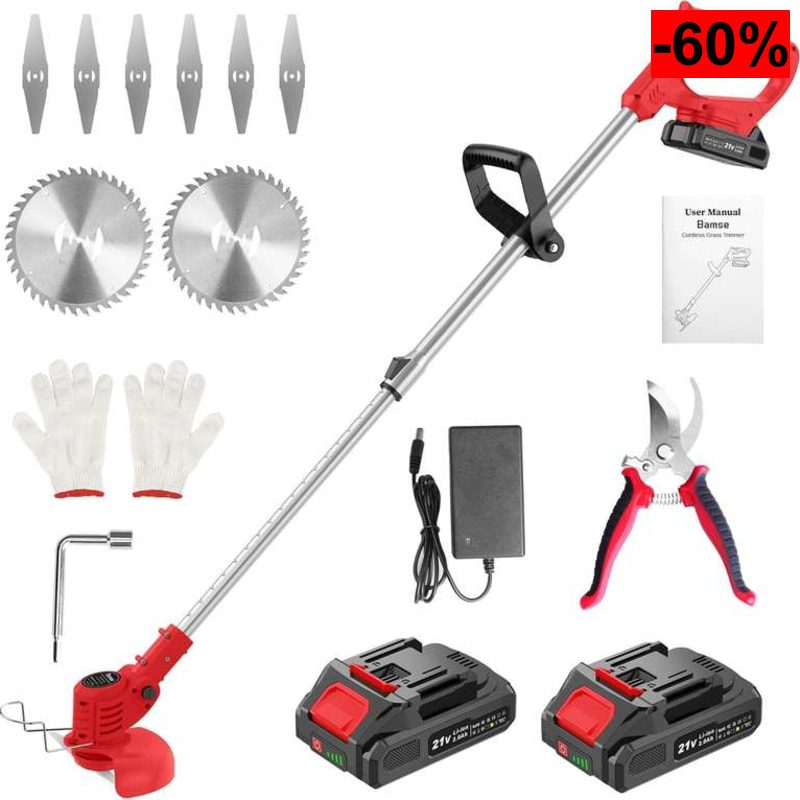 Desbrozadora eléctrica Bamse de 21 V, con 2 baterías de 2000 mAh, 2 tipos de cuchillas, motor de 11000 RPM