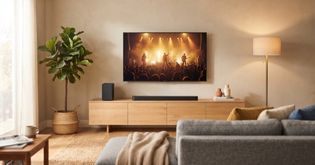 Mejores barras de sonido 2026: barra de sonido y subwoofer bajo un televisor en un salón