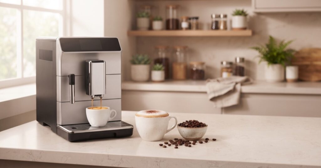 Mejores cafeteras superautomáticas 2026: cafetera sirviendo un espresso junto a un cappuccino