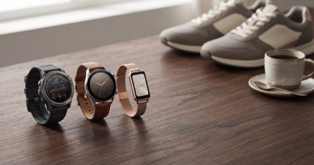Mejores smartwatches 2026: reloj deportivo, reloj clásico y pulsera de actividad sobre una mesa