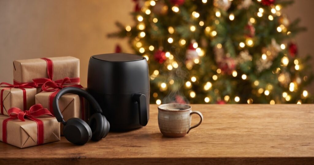 Regalos de Navidad 2026 por presupuesto: auriculares, freidora de aire y regalos envueltos junto al árbol