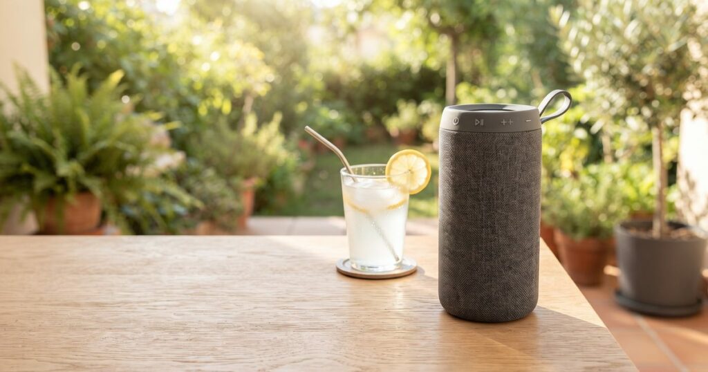 Mejores altavoces Bluetooth 2026: altavoz portátil gris junto a un vaso de limonada en una mesa de madera en una terraza