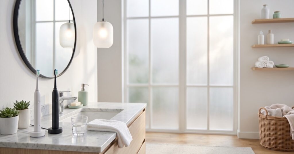 Mejores cepillos de dientes eléctricos 2026: dos cepillos eléctricos en el lavabo de un baño luminoso