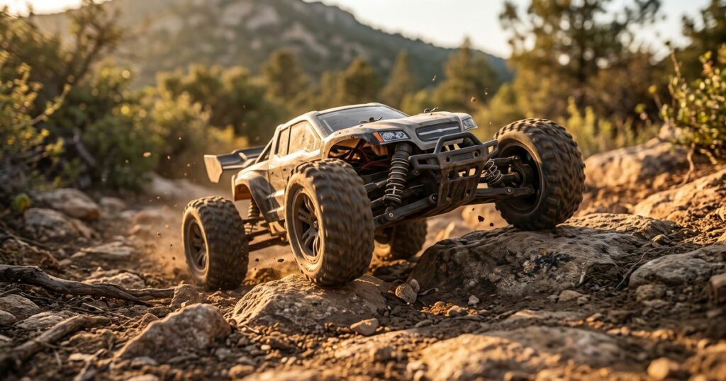 Mejores coches RC 2026: coche RC todoterreno de aficionado trepando por unas rocas en un sendero de montaña