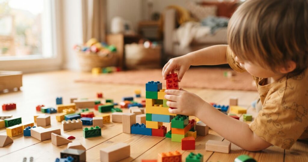 Mejores juguetes 2026: niño pequeño montando una torre con bloques de construcción de colores y piezas de madera en el salón