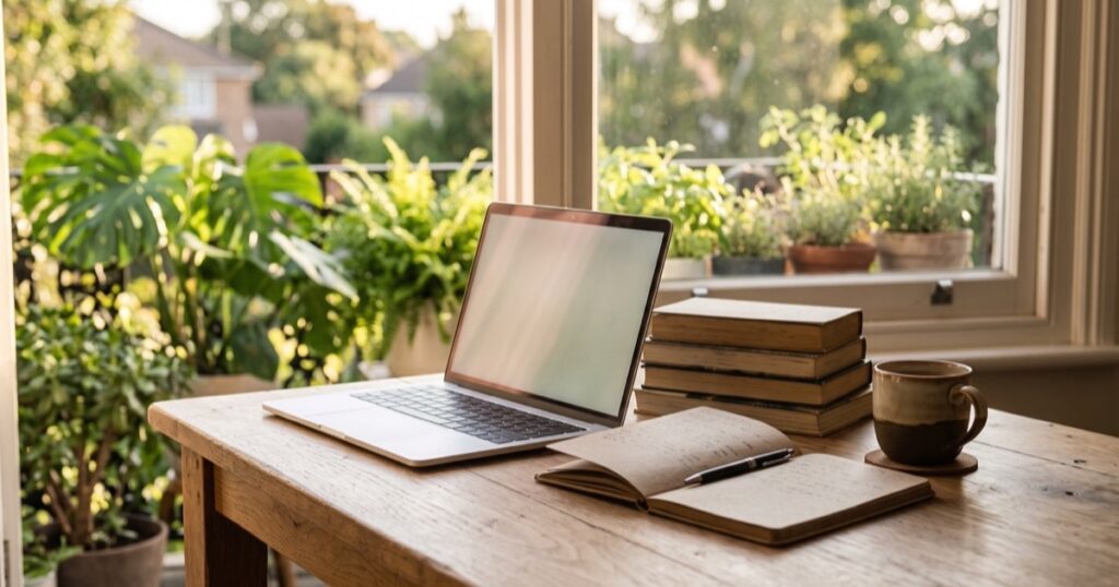 Mejores portátiles 2026: portátil abierto en una mesa de estudio junto a la ventana, con libros, un cuaderno y una taza