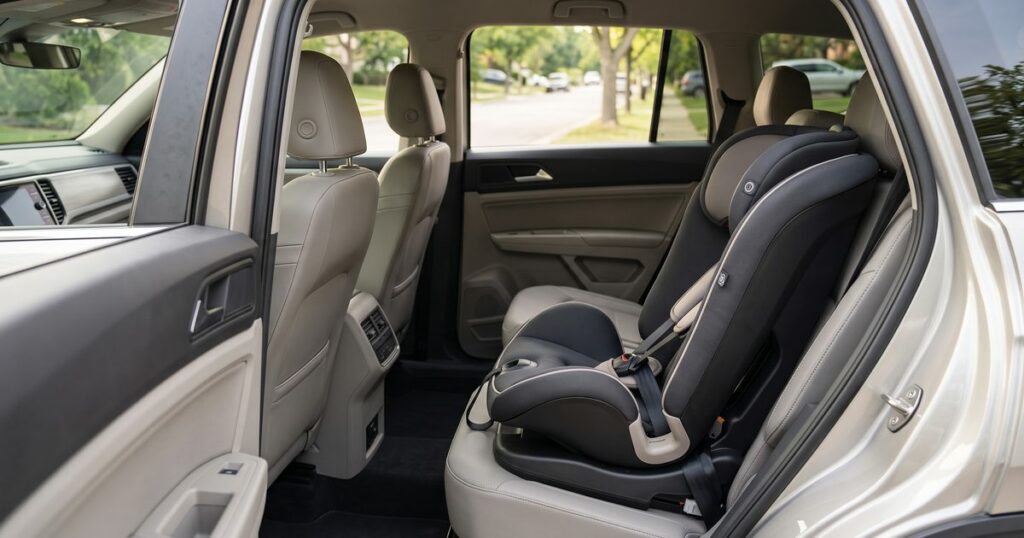 Mejores sillas de coche 2026: silla de coche infantil instalada en el asiento trasero de un coche familiar